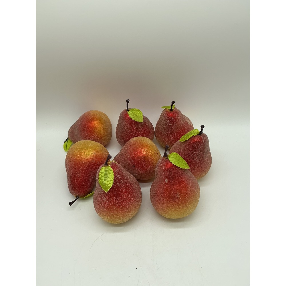 8pc Sugared Artificial Pears Red Gold Frosted Faux Fruit Decorative Centerpiece